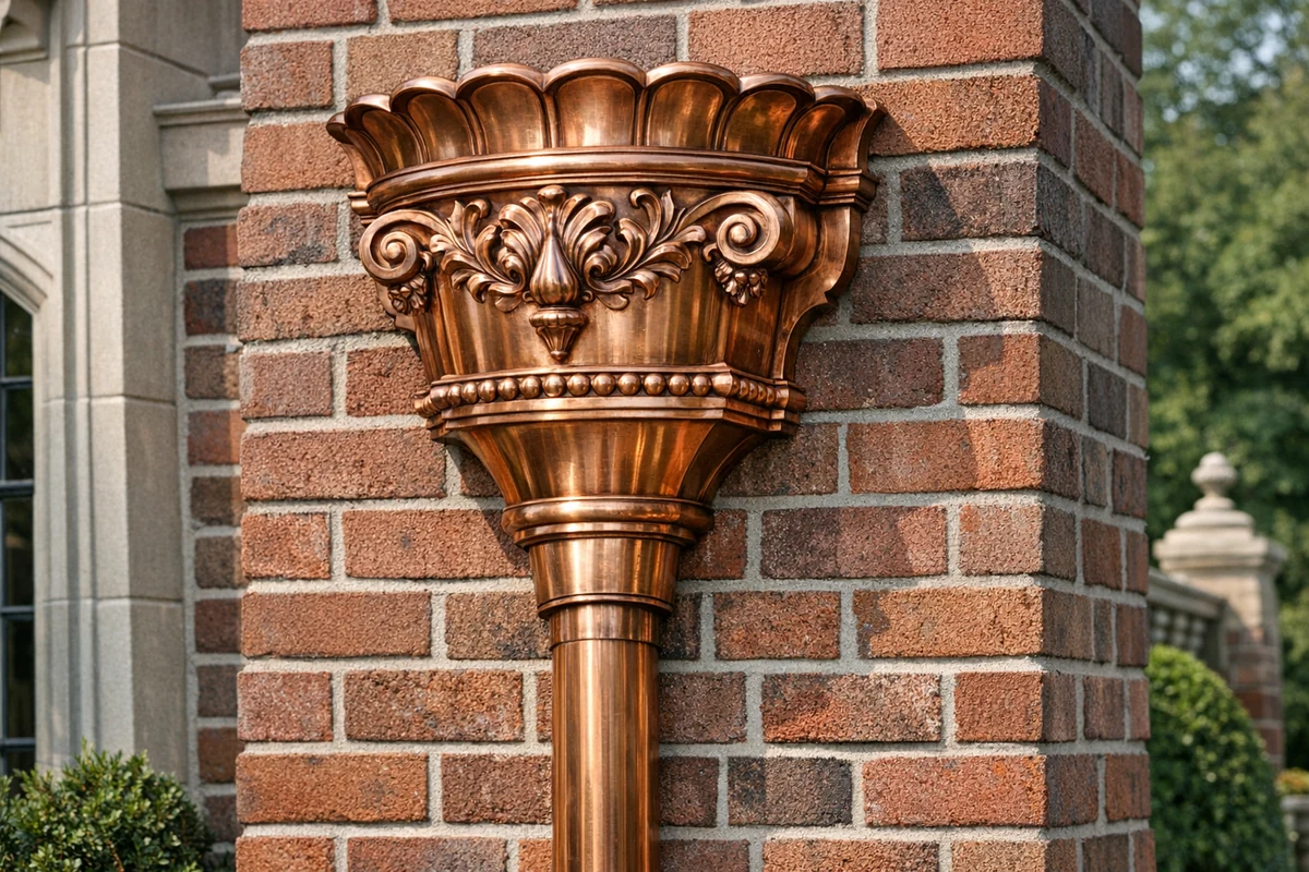 Copper Leader Heads — high-resolution architectural copper render