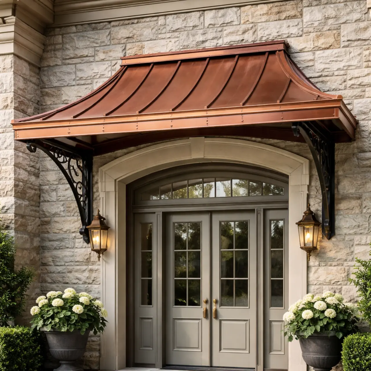 Standing-seam copper entry awning