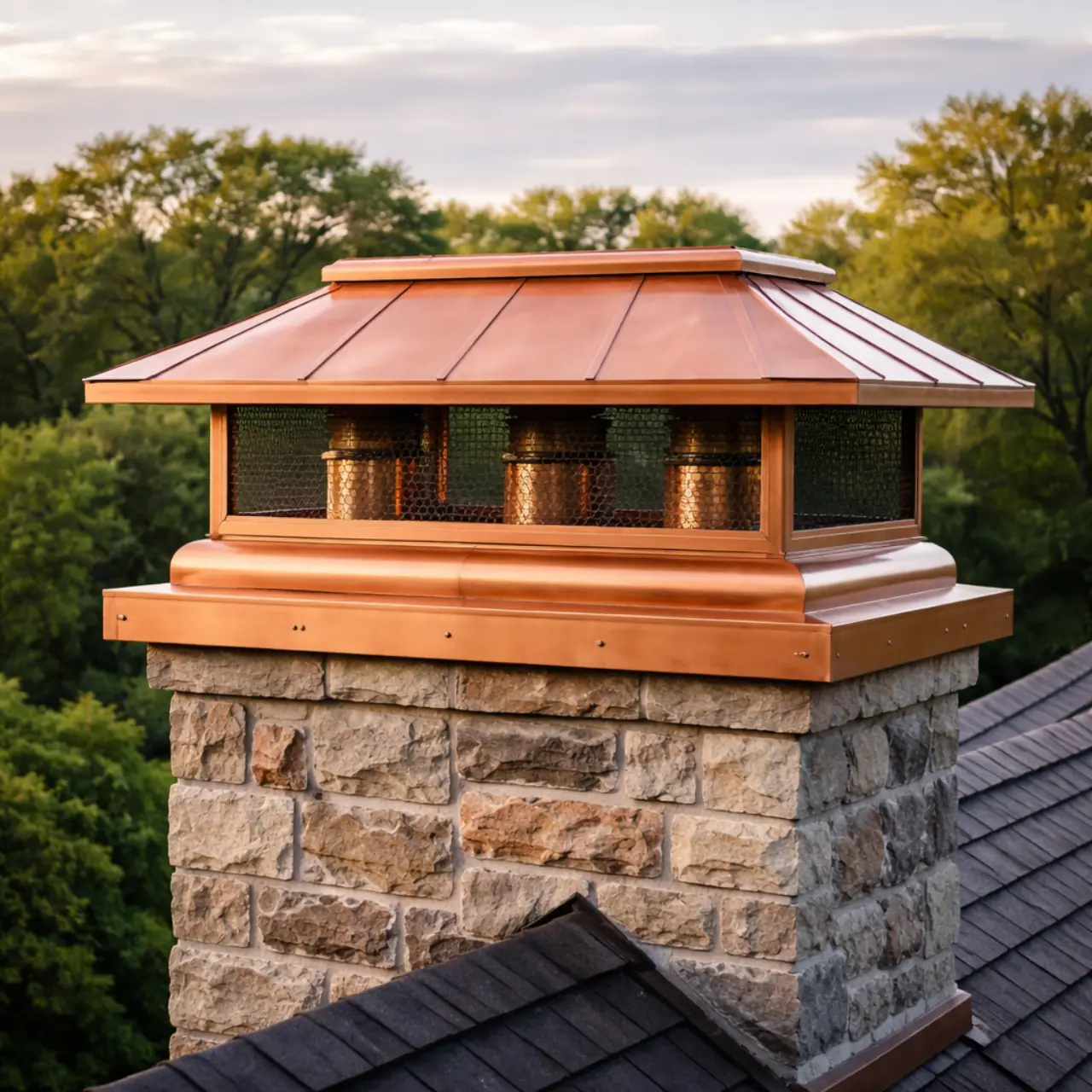 Custom copper chimney cap on masonry