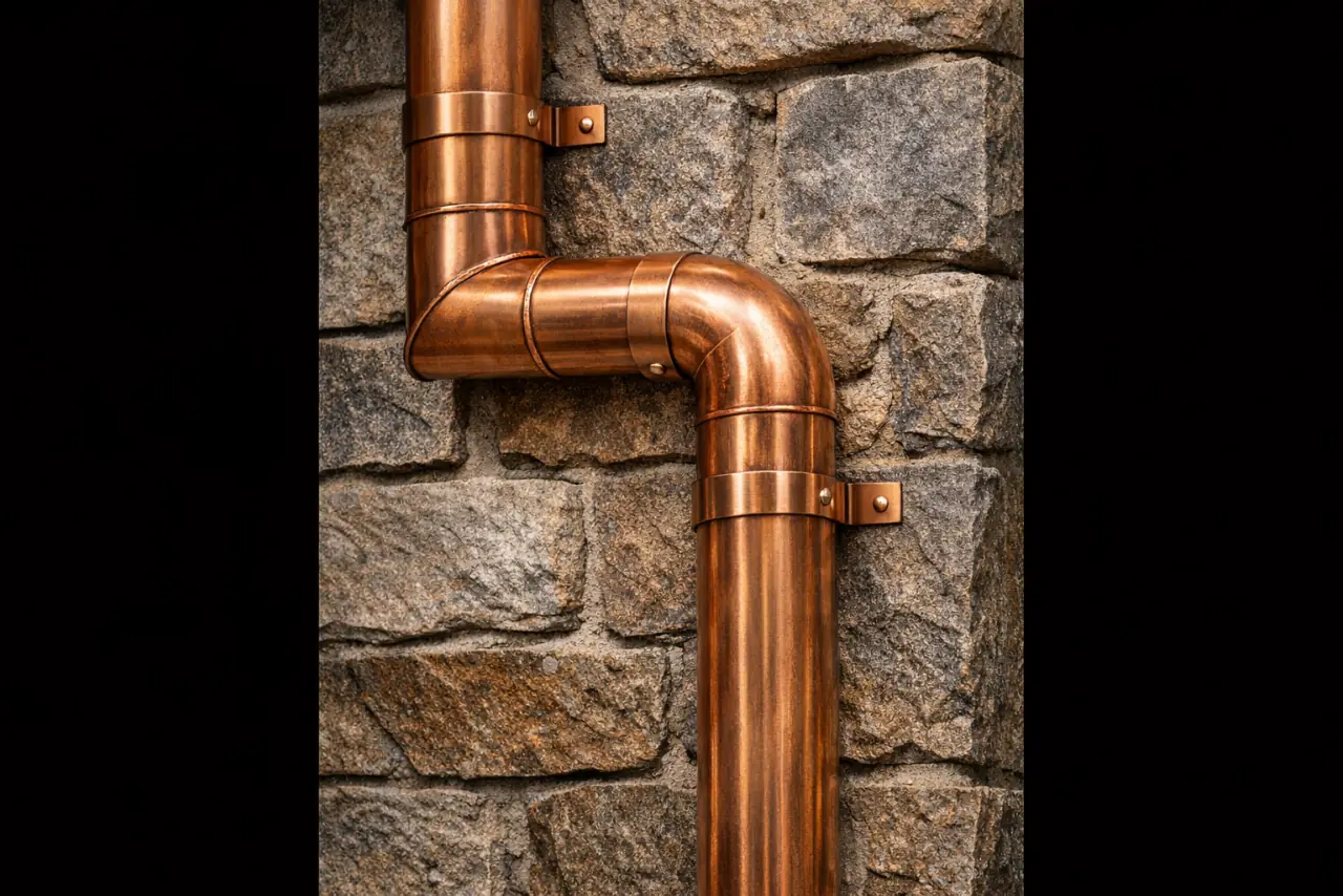 Architectural copper downspouts on a masonry facade