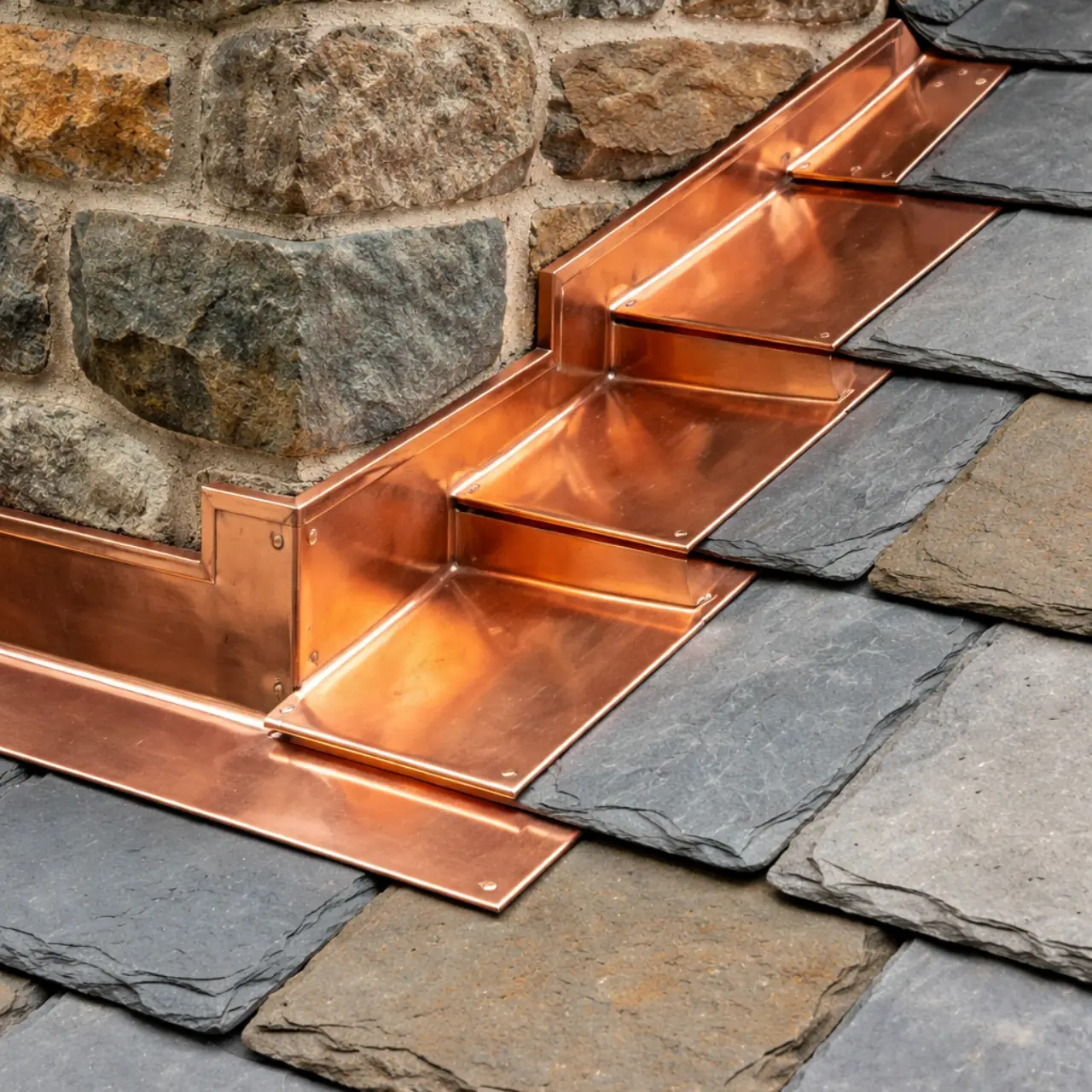 Precisely formed architectural copper flashing