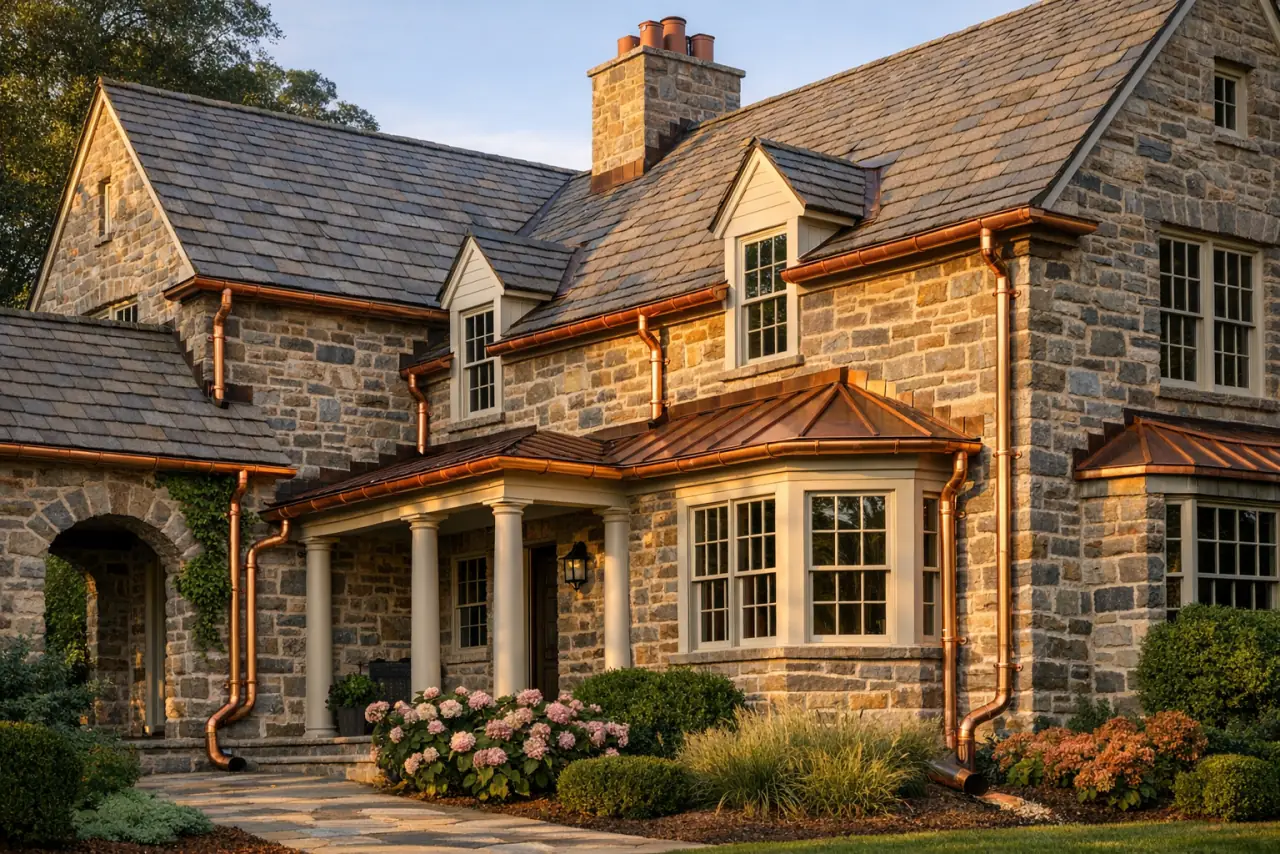 Copper gutters installed on a refined residence