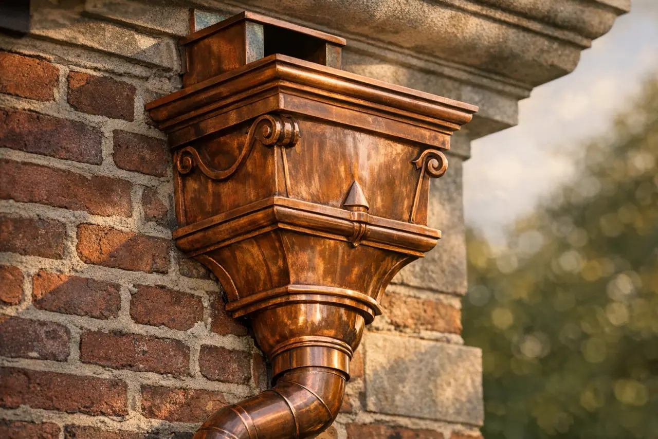 Decorative copper leader head and downspout