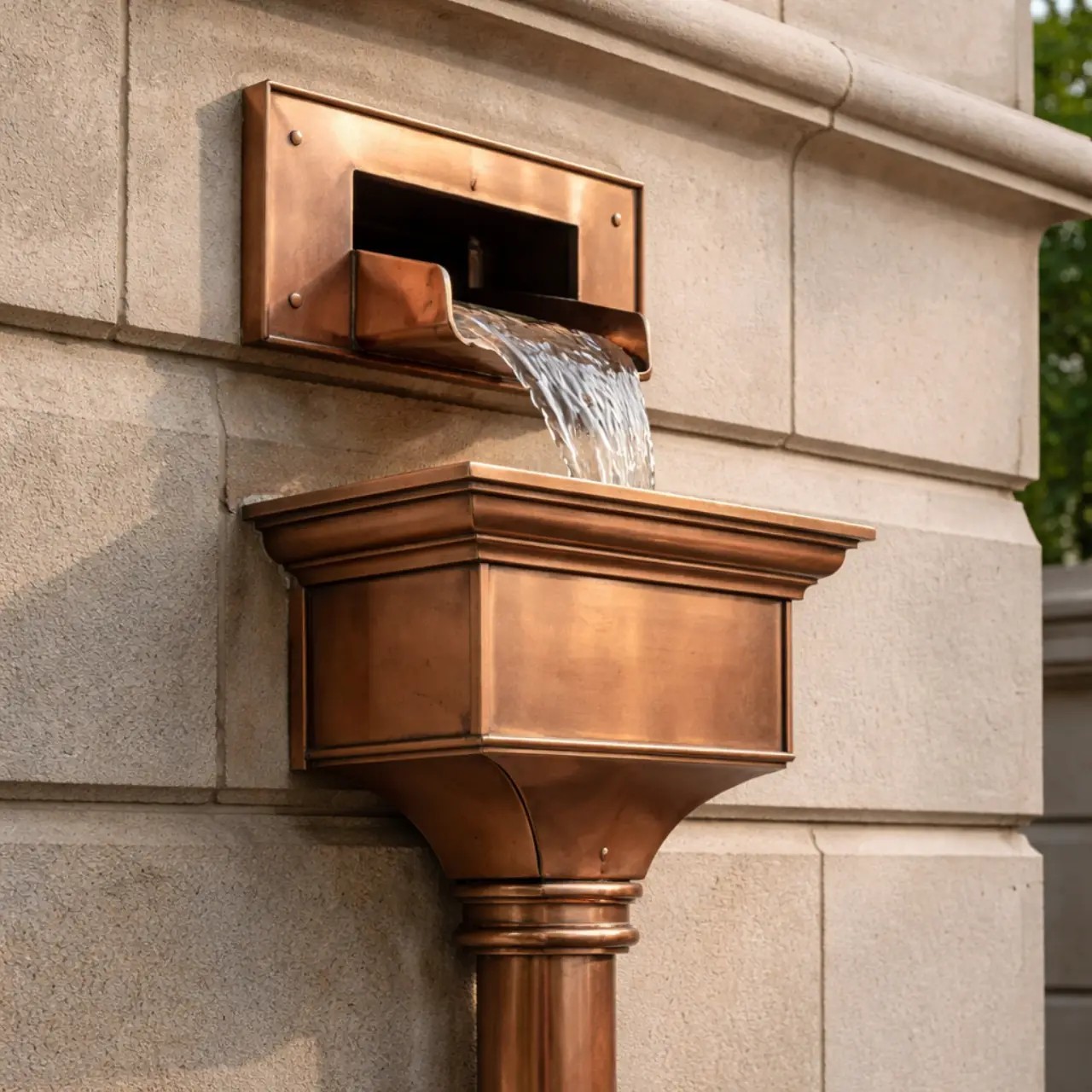 Architectural copper scupper at a parapet wall