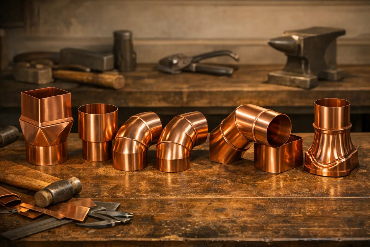 Crafted copper downspout fittings and connections